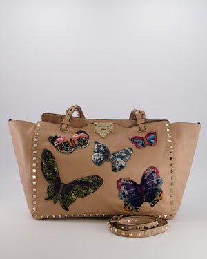 Valentino Nude Pink Leather Medium Rockstud Tote Bag with Multi-Colour Beaded Butterfly Appliques&nbsp;