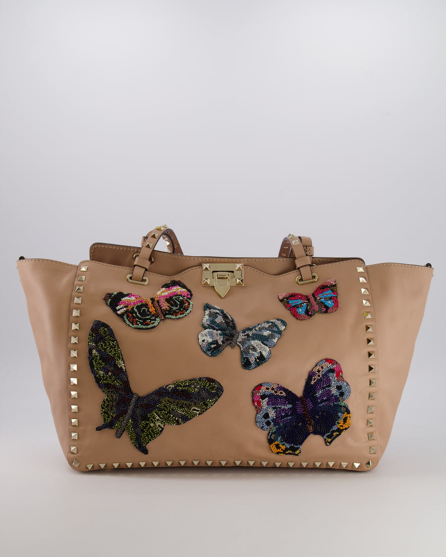 Valentino Nude Pink Leather Medium Rockstud Tote Bag with Multi-Colour Beaded Butterfly Appliques&nbsp;