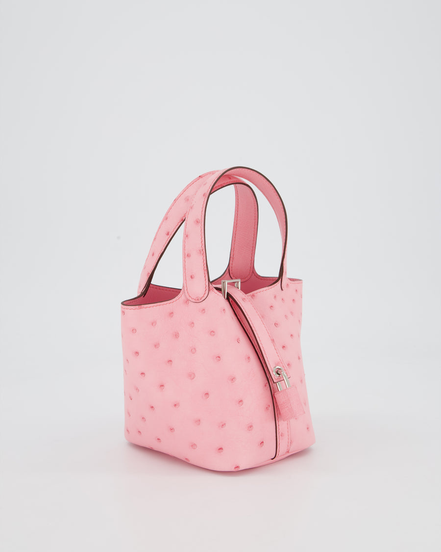 *HOT COLOUR* Hermès Micro Picotin Lock Bag in Bubblegum Pink Ostrich Leather with Palladium Hardware with matching Leather wrapped Padlock