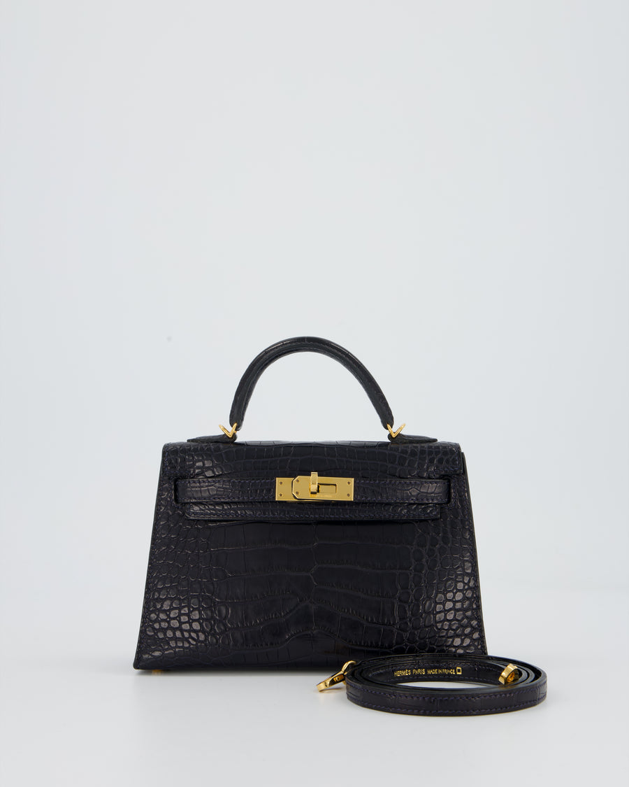 *HOT* Hermès Mini Kelly II Bag in Bleu Indigo Alligator Leather with Gold Hardware