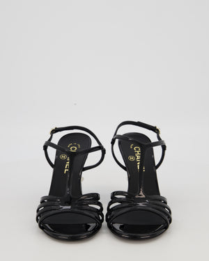 Chanel Black Patent Open Toe Heels Shoes With Pearls Details Size EU 37.5