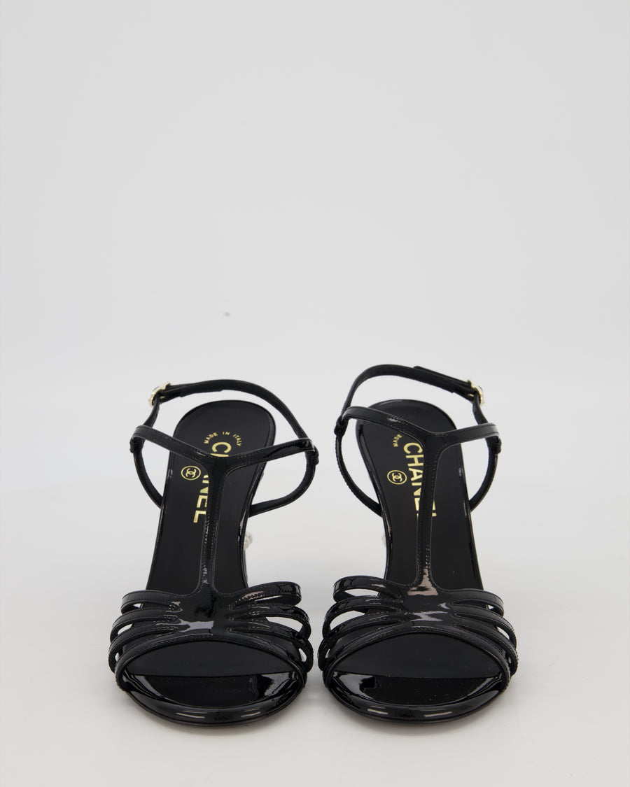 Chanel Black Patent Open Toe Heels Shoes With Pearls Details Size EU 37.5