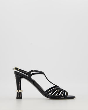 Chanel Black Patent Open Toe Heels Shoes With Pearls Details Size EU 37.5
