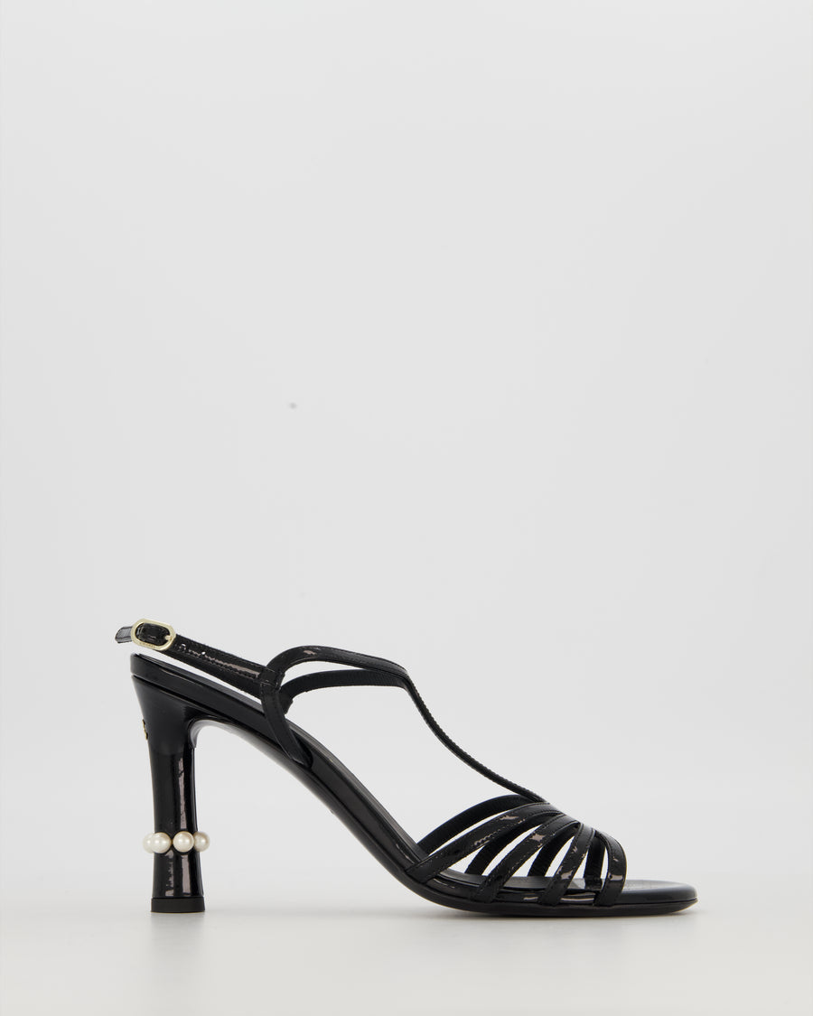 Chanel Black Patent Open Toe Heels Shoes With Pearls Details Size EU 37.5