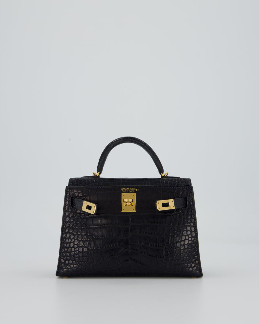 *HOT* Hermès Mini Kelly II Bag in Bleu Indigo Alligator Leather with Gold Hardware