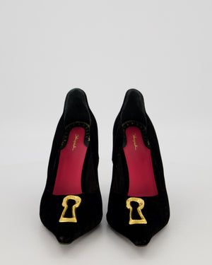 Schiaparelli Velvet Keyhole Pumps Shoes in Black with Gold Keyhole Detail Size EU 40