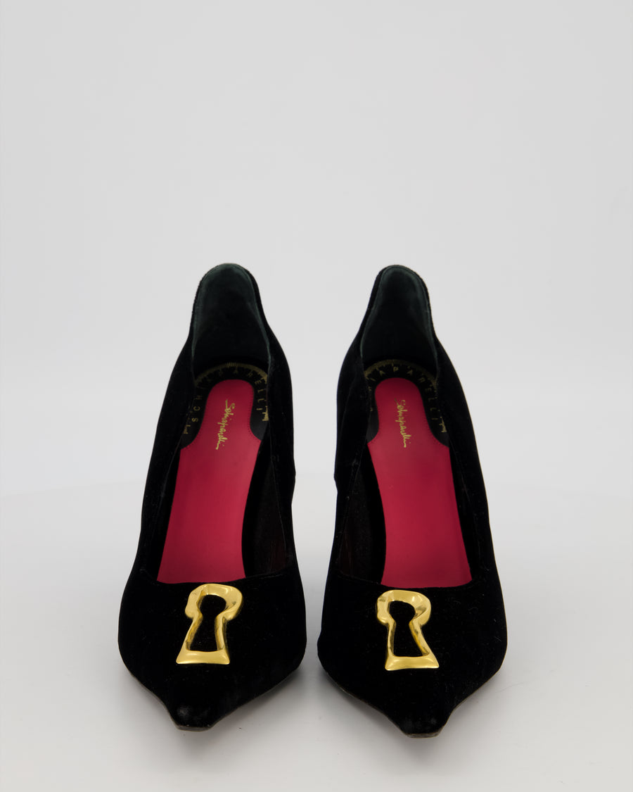 Schiaparelli Velvet Keyhole Pumps Shoes in Black with Gold Keyhole Detail Size EU 40