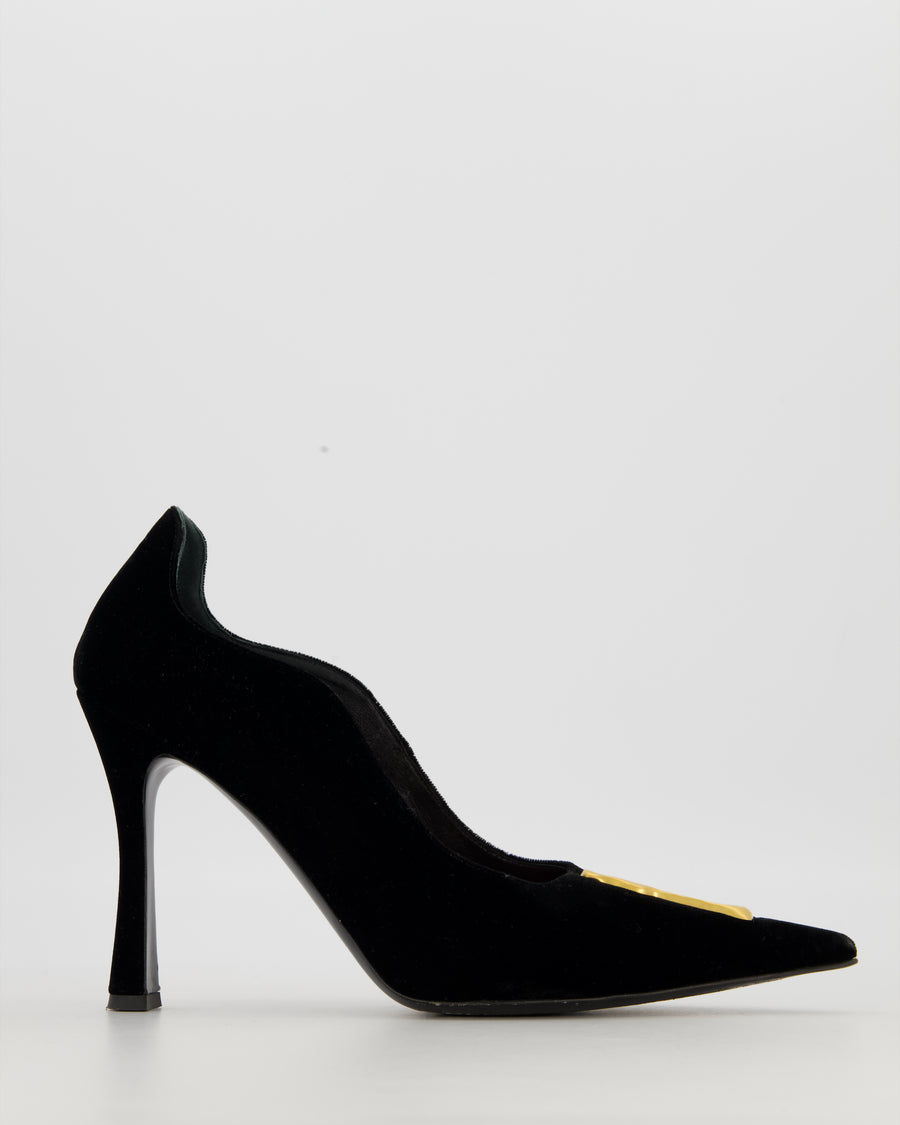Schiaparelli Velvet Keyhole Pumps Shoes in Black with Gold Keyhole Detail Size EU 40
