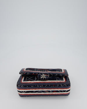Chanel Medium Classic Double Flap Bag in Geometric Printed Navy Jacquard Canvas and Printed Vinyl with Silver Hardware