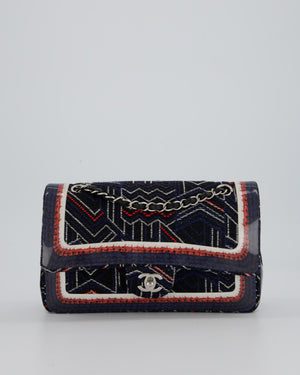 Chanel Medium Classic Double Flap Bag in Geometric Printed Navy Jacquard Canvas and Printed Vinyl with Silver Hardware
