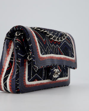 Chanel Medium Classic Double Flap Bag in Geometric Printed Navy Jacquard Canvas and Printed Vinyl with Silver Hardware