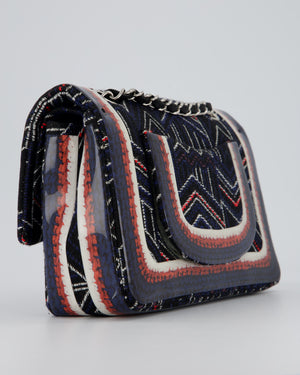 Chanel Medium Classic Double Flap Bag in Geometric Printed Navy Jacquard Canvas and Printed Vinyl with Silver Hardware