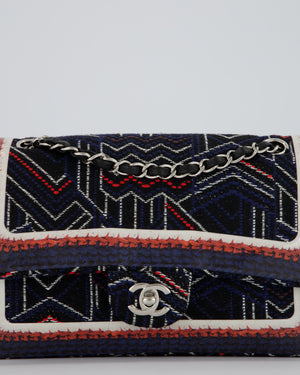 Chanel Medium Classic Double Flap Bag in Geometric Printed Navy Jacquard Canvas and Printed Vinyl with Silver Hardware