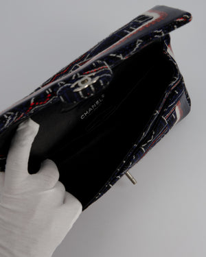 Chanel Medium Classic Double Flap Bag in Geometric Printed Navy Jacquard Canvas and Printed Vinyl with Silver Hardware