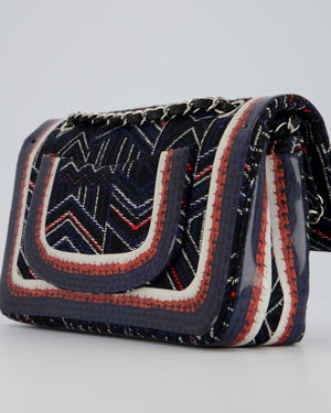 Chanel Medium Classic Double Flap Bag in Geometric Printed Navy Jacquard Canvas and Printed Vinyl with Silver Hardware