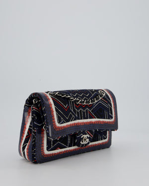 Chanel Medium Classic Double Flap Bag in Geometric Printed Navy Jacquard Canvas and Printed Vinyl with Silver Hardware
