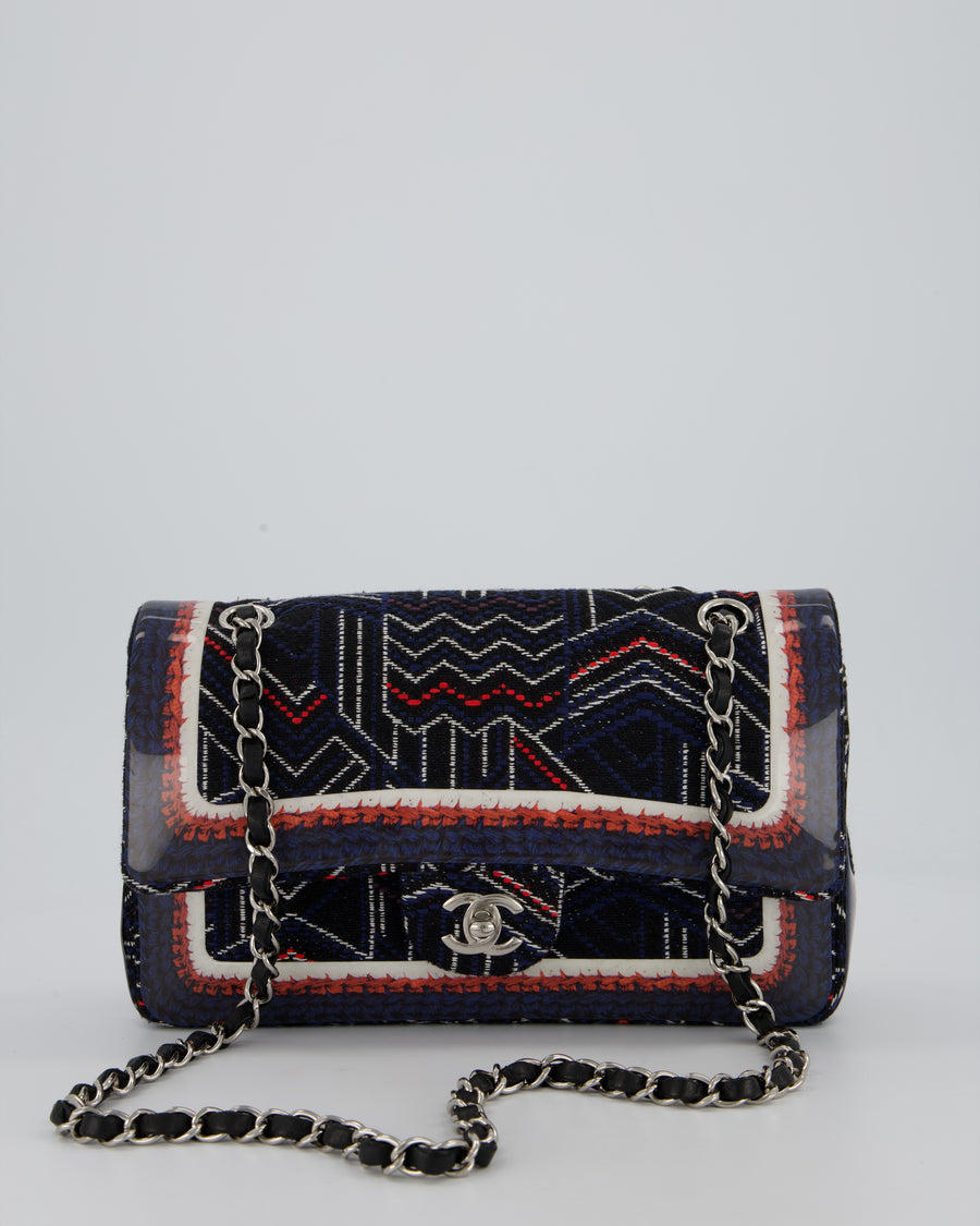 Chanel Medium Classic Double Flap Bag in Geometric Printed Navy Jacquard Canvas and Printed Vinyl with Silver Hardware