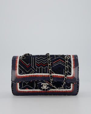 Chanel Medium Classic Double Flap Bag in Geometric Printed Navy Jacquard Canvas and Printed Vinyl with Silver Hardware