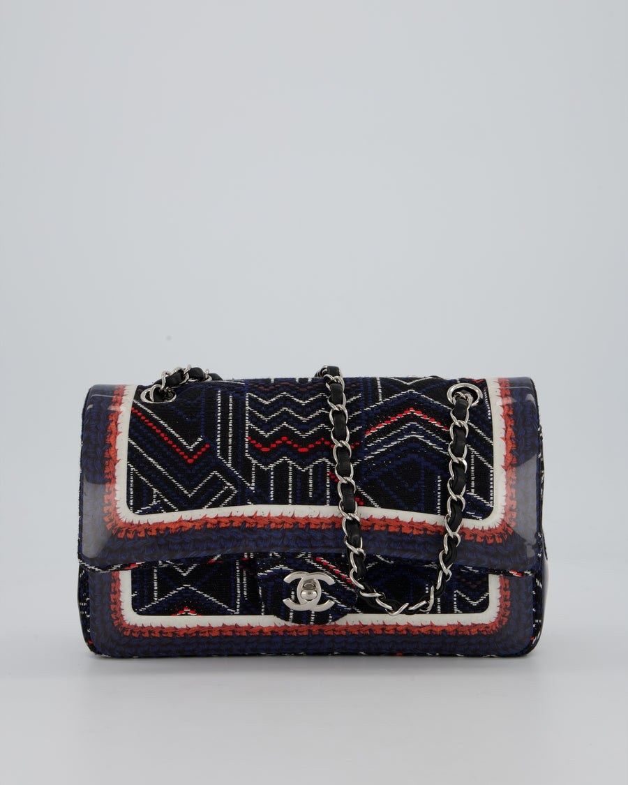 Chanel Medium Classic Double Flap Bag in Geometric Printed Navy Jacquard Canvas and Printed Vinyl with Silver Hardware
