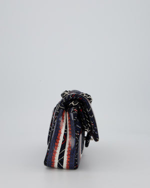 Chanel Medium Classic Double Flap Bag in Geometric Printed Navy Jacquard Canvas and Printed Vinyl with Silver Hardware