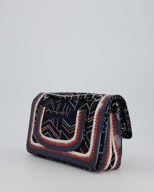 Chanel Medium Classic Double Flap Bag in Geometric Printed Navy Jacquard Canvas and Printed Vinyl with Silver Hardware