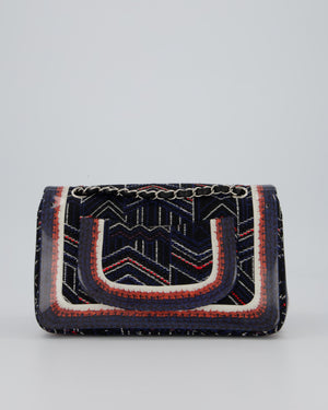 Chanel Medium Classic Double Flap Bag in Geometric Printed Navy Jacquard Canvas and Printed Vinyl with Silver Hardware
