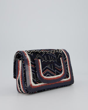 Chanel Medium Classic Double Flap Bag in Geometric Printed Navy Jacquard Canvas and Printed Vinyl with Silver Hardware