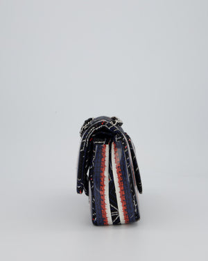 Chanel Medium Classic Double Flap Bag in Geometric Printed Navy Jacquard Canvas and Printed Vinyl with Silver Hardware