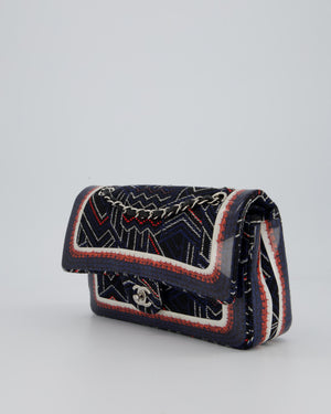 Chanel Medium Classic Double Flap Bag in Geometric Printed Navy Jacquard Canvas and Printed Vinyl with Silver Hardware