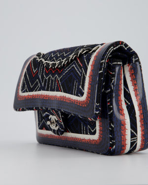 Chanel Medium Classic Double Flap Bag in Geometric Printed Navy Jacquard Canvas and Printed Vinyl with Silver Hardware