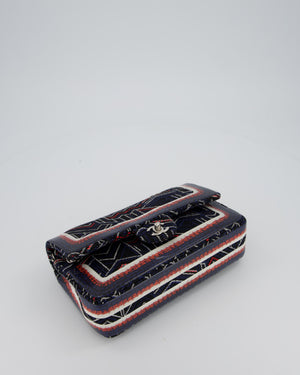 Chanel Medium Classic Double Flap Bag in Geometric Printed Navy Jacquard Canvas and Printed Vinyl with Silver Hardware