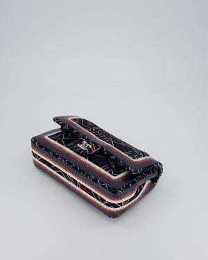 Chanel Medium Classic Double Flap Bag in Geometric Printed Navy Jacquard Canvas and Printed Vinyl with Silver Hardware
