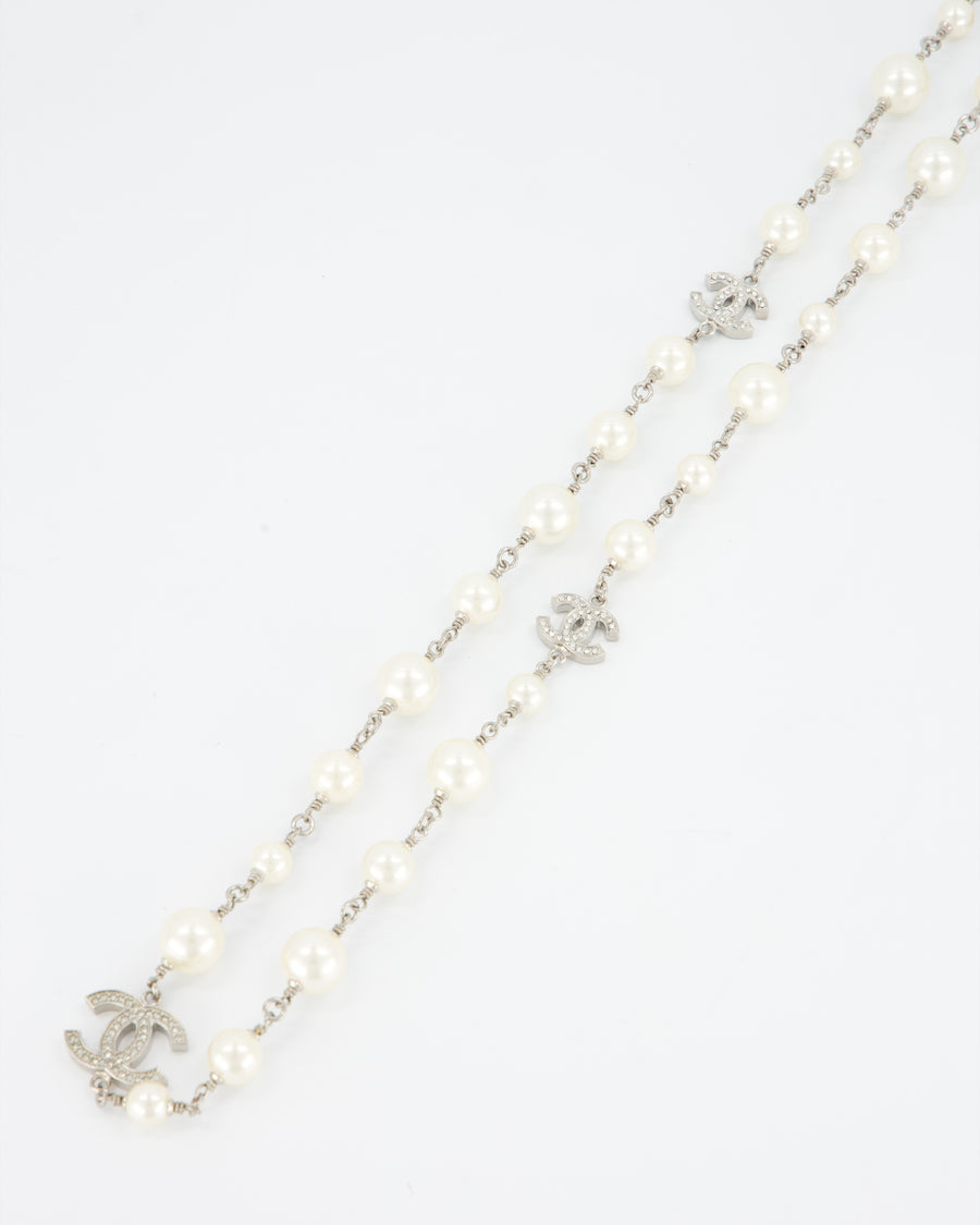 Chanel Classic Champagne Faux Pearl Sautoir Necklace with Signature Crystal-encrusted CC Logos
