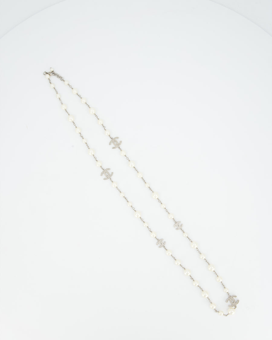 Chanel Classic Champagne Faux Pearl Sautoir Necklace with Signature Crystal-encrusted CC Logos