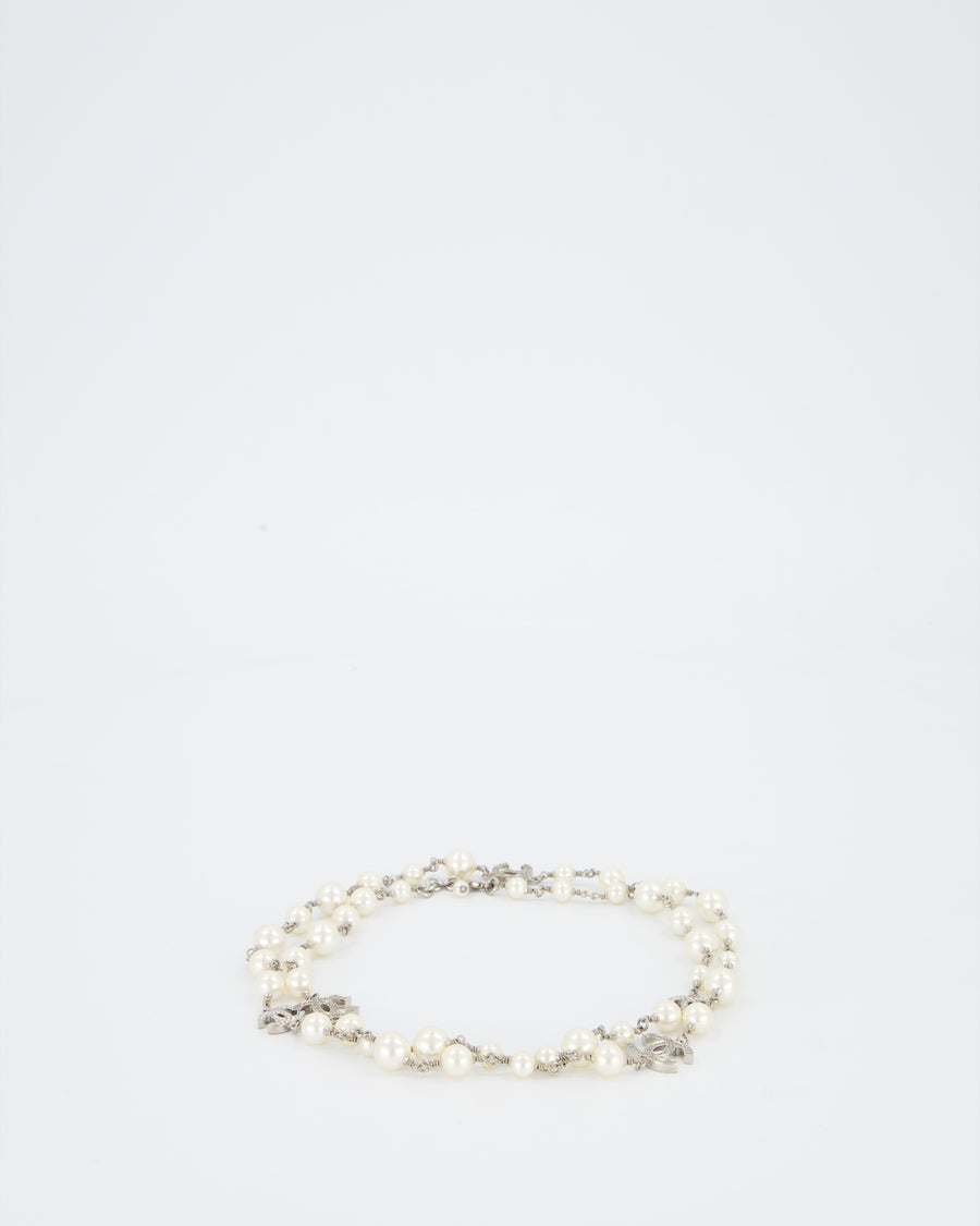 Chanel Classic Champagne Faux Pearl Sautoir Necklace with Signature Crystal-encrusted CC Logos