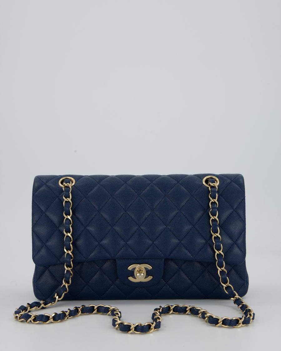 *HOT* Chanel Cobalt Blue Classic Medium Double Flap Bag in Caviar Leather with Champagne Gold Hardware
