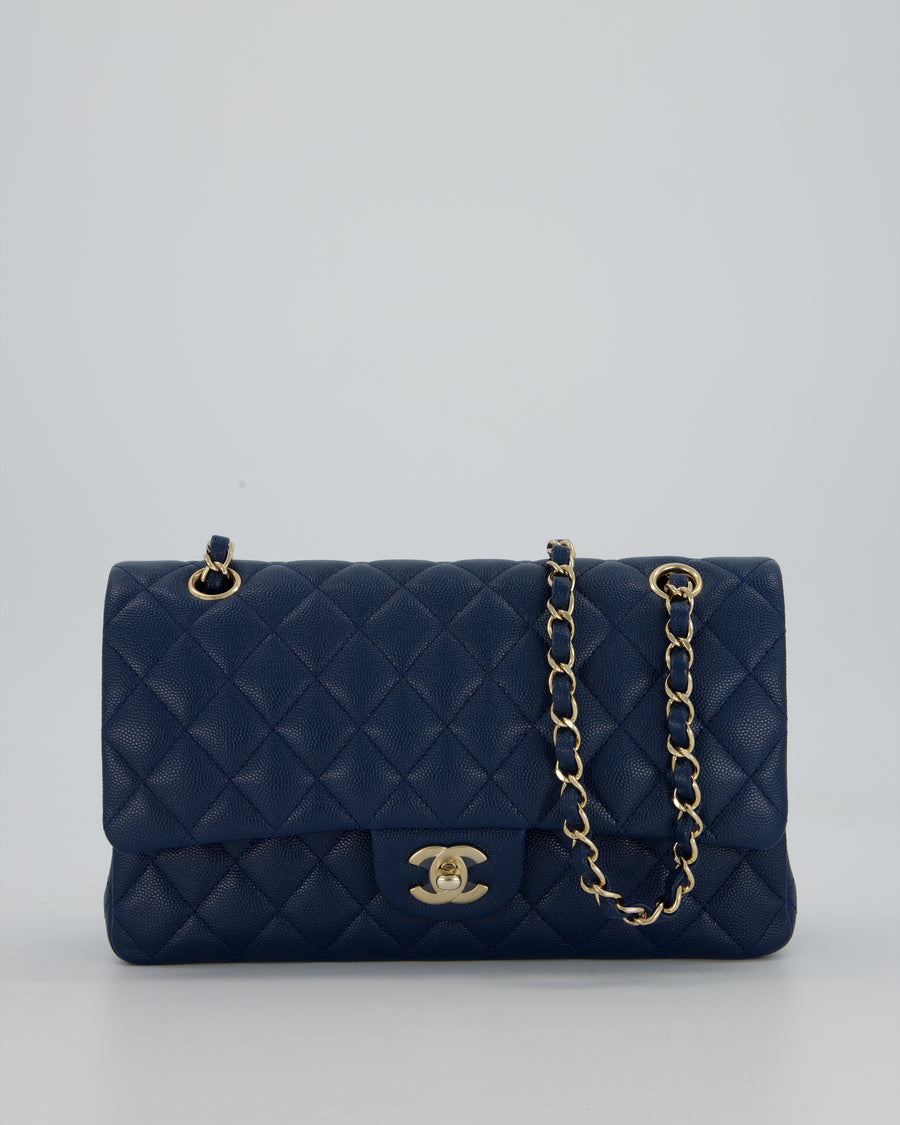 *HOT* Chanel Cobalt Blue Classic Medium Double Flap Bag in Caviar Leather with Champagne Gold Hardware
