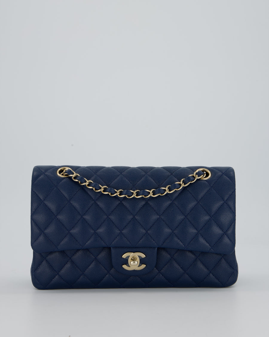 *HOT* Chanel Cobalt Blue Classic Medium Double Flap Bag in Caviar Leather with Champagne Gold Hardware