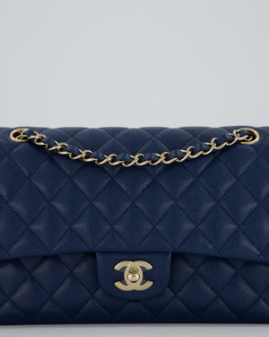 *HOT* Chanel Cobalt Blue Classic Medium Double Flap Bag in Caviar Leather with Champagne Gold Hardware