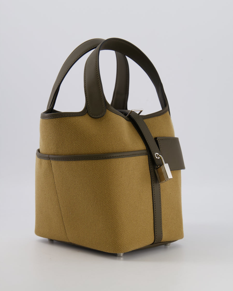 Hermès Picotin 18 Lock Cargo Bag in Dune Toile Goeland and Vert Loden Swift Leather with Palladium Hardware