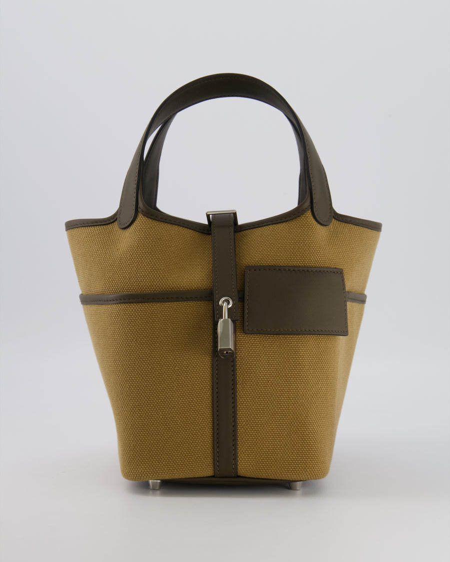 Hermès Picotin 18 Lock Cargo Bag in Dune Toile Goeland and Vert Loden Swift Leather with Palladium Hardware