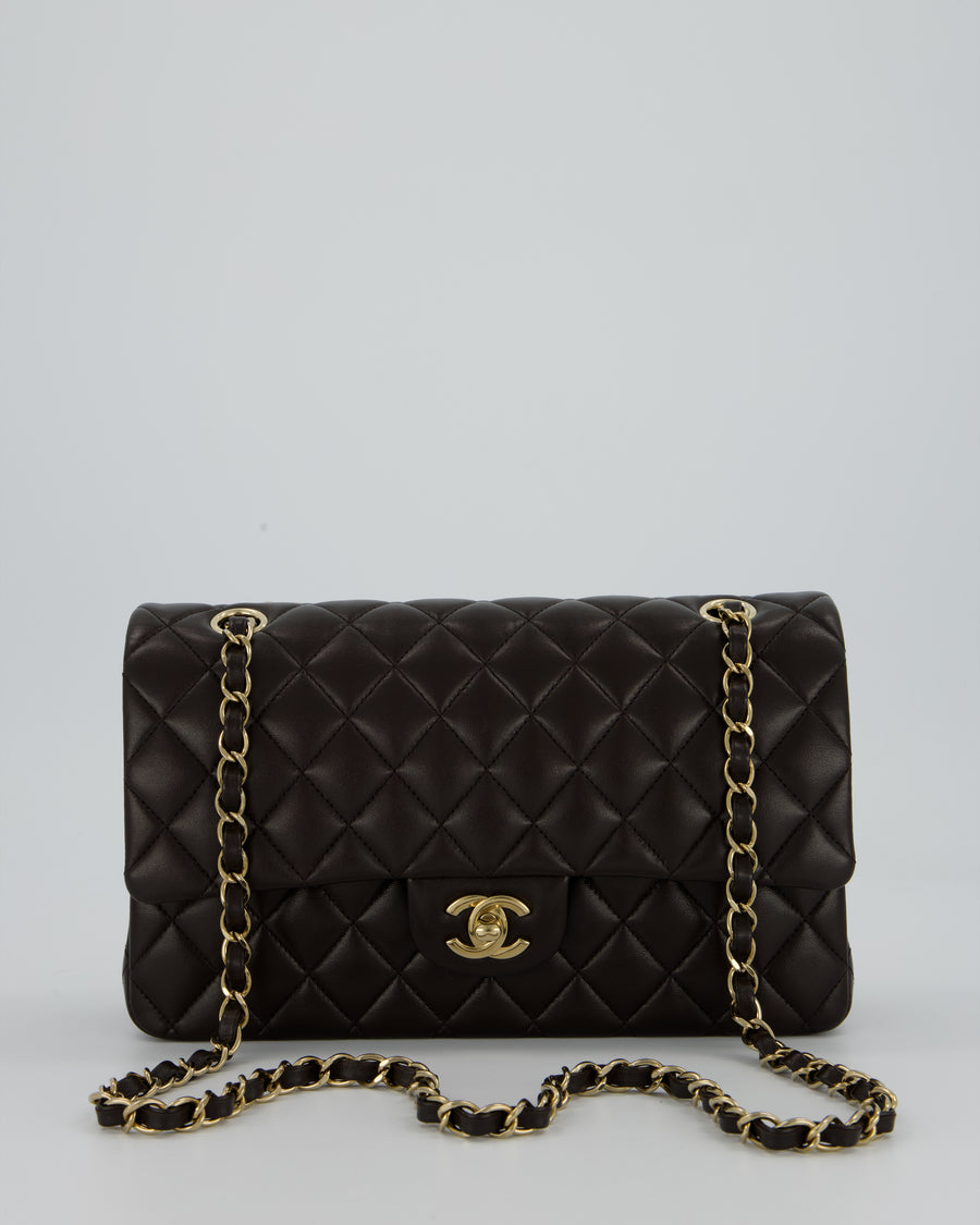 *HOT* Chanel Dark Chocolate Classic Medium Double Flap Bag in Lambskin Leather with Champagne Gold Hardware