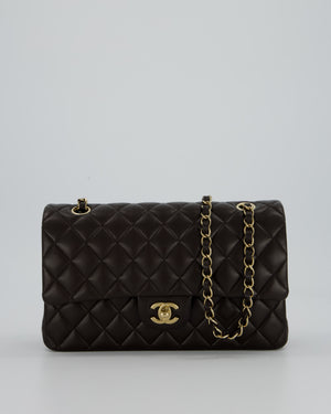 *HOT* Chanel Dark Chocolate Classic Medium Double Flap Bag in Lambskin Leather with Champagne Gold Hardware