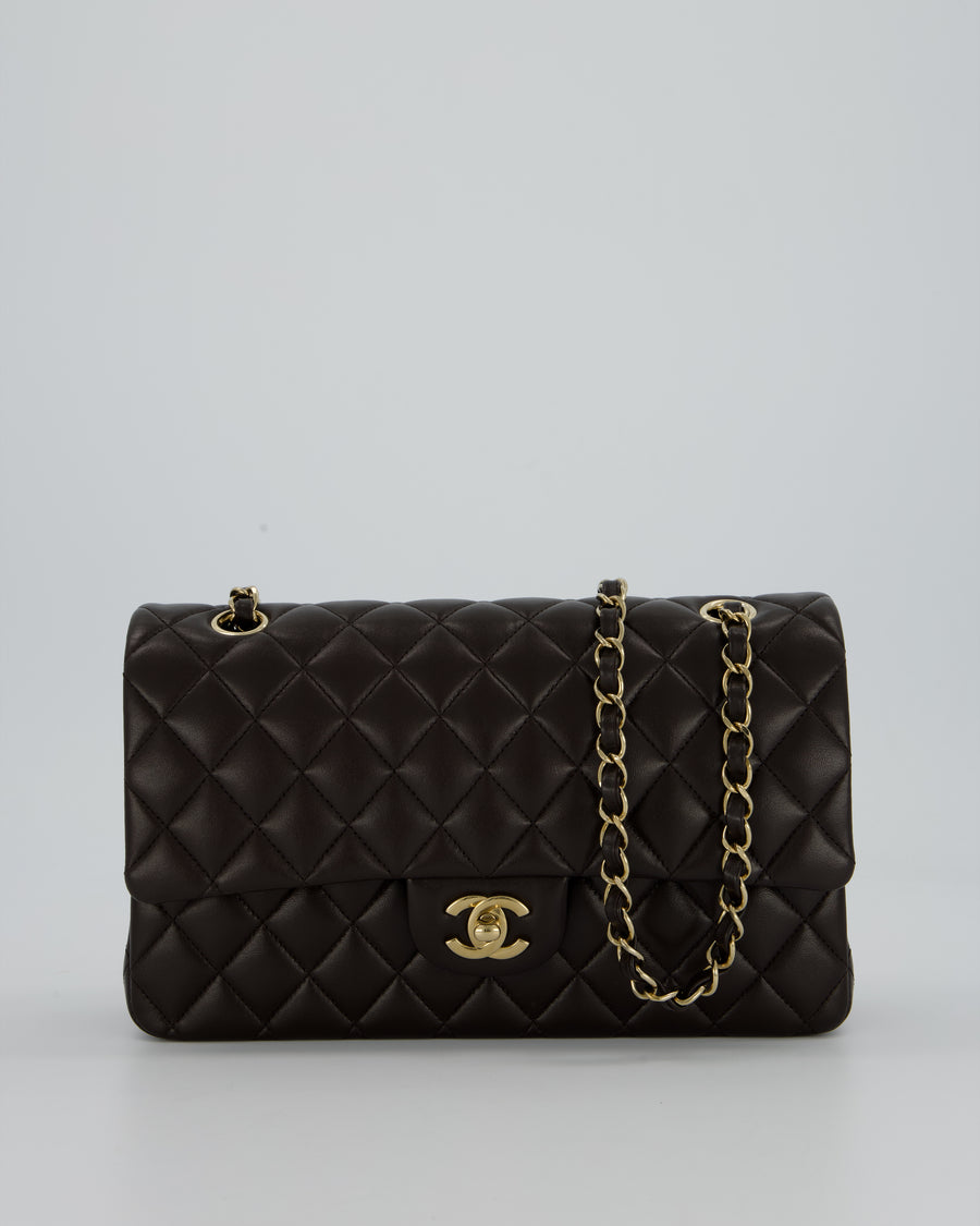 *HOT* Chanel Dark Chocolate Classic Medium Double Flap Bag in Lambskin Leather with Champagne Gold Hardware