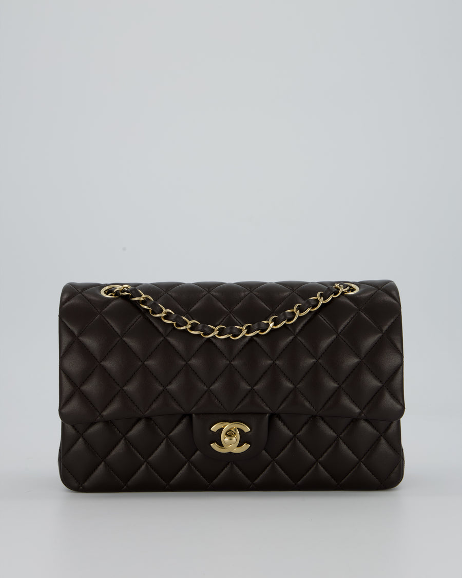 *HOT* Chanel Dark Chocolate Classic Medium Double Flap Bag in Lambskin Leather with Champagne Gold Hardware