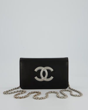 Chanel Black and Silver Wallet on Chain with Raised CC Logo on front in Lambskin Leather with Silver Hardware
