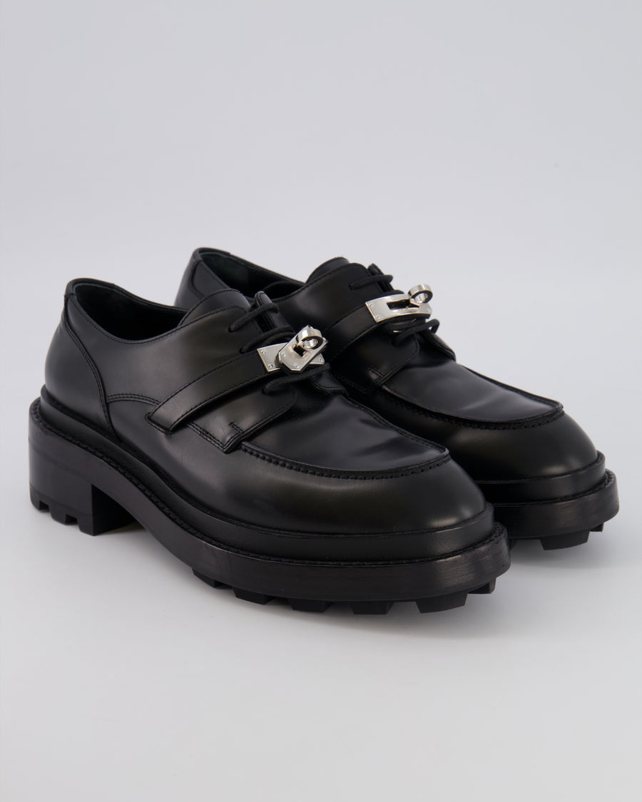 Hermès First Oxford Lace-Up Shoes in Noir Glazed Calfskin with Palladium Kelly Buckle Size EU 37.5 RRP £1,610