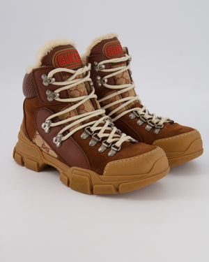 Gucci Flashtrek GG Canvas Shearling Hiking Boots in Brown with Orange Logo Patch Size EU 37.5