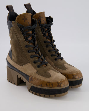 Louis Vuitton Laureate Platform Desert Boots in Khaki Suede and Brown Monogram Leather with Black Patent Croc-Embossed Leather Panels RRP £1,450 Size EU 37