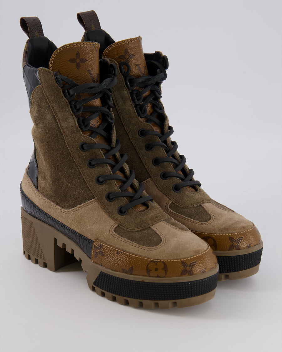 Louis Vuitton Laureate Platform Desert Boots in Khaki Suede and Brown Monogram Leather with Black Patent Croc-Embossed Leather Panels RRP £1,450 Size EU 37
